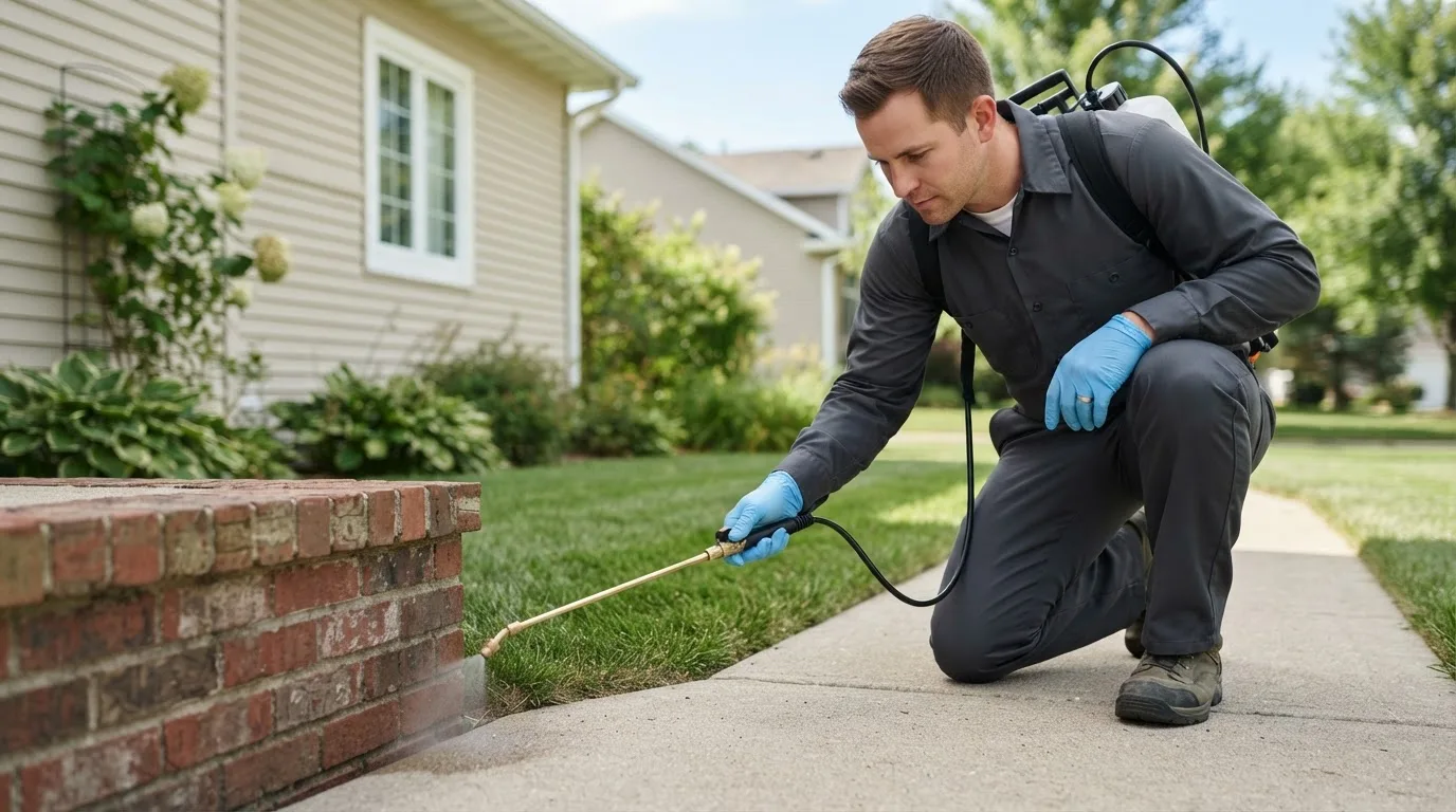 Pest control technician treating a home near Blackstone, VA